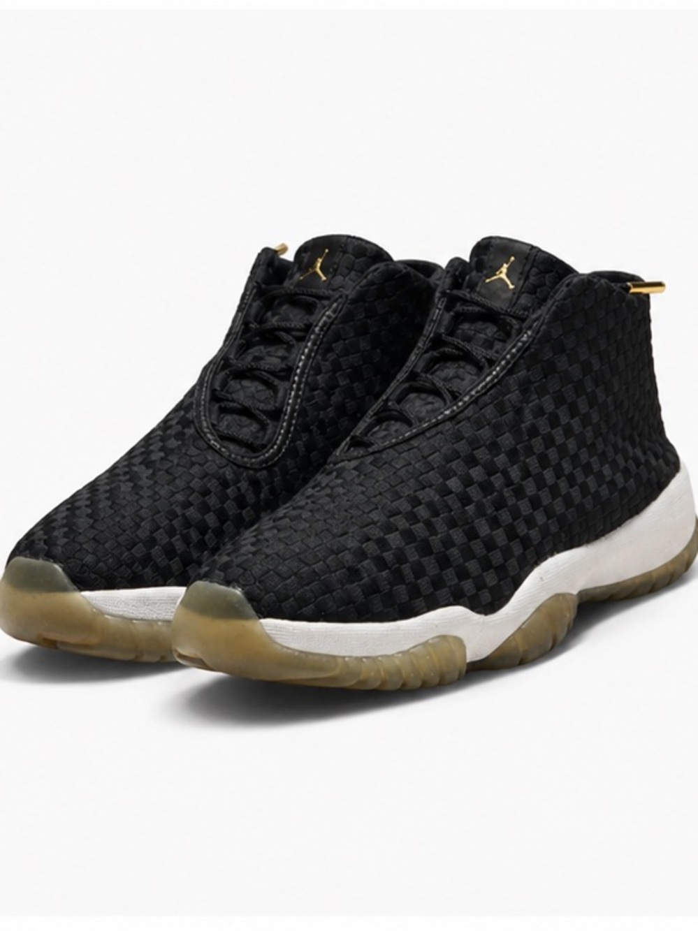 Jordan Futures Black Woven Mid-Top Sneakers with Gold Accents. Box not included.